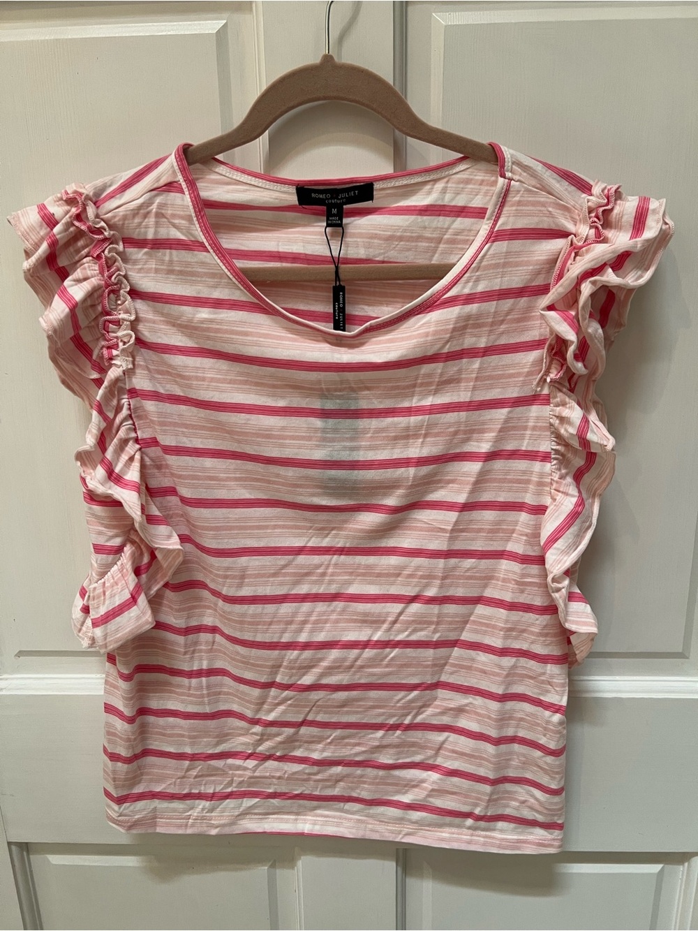 Romeo & Juliet Couture Pink & White Striped Ruffle Sleeve Tee